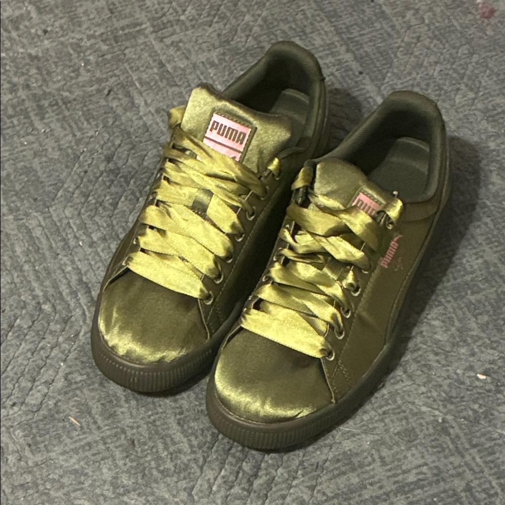 Puma Olive Satin Low-Top Sneakers with Pink Logo